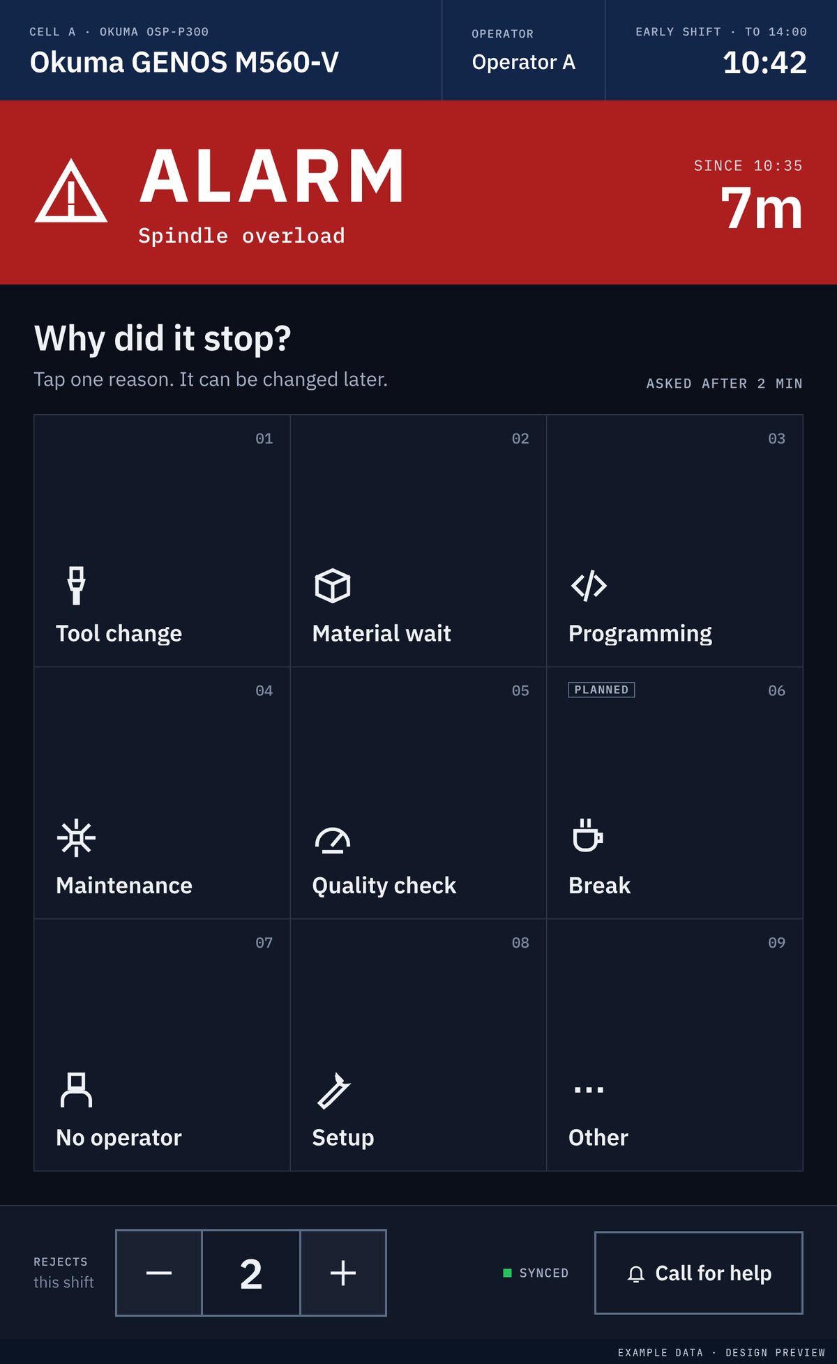 Design preview of the operator tablet in alarm, asking why the machine stopped. Example data.